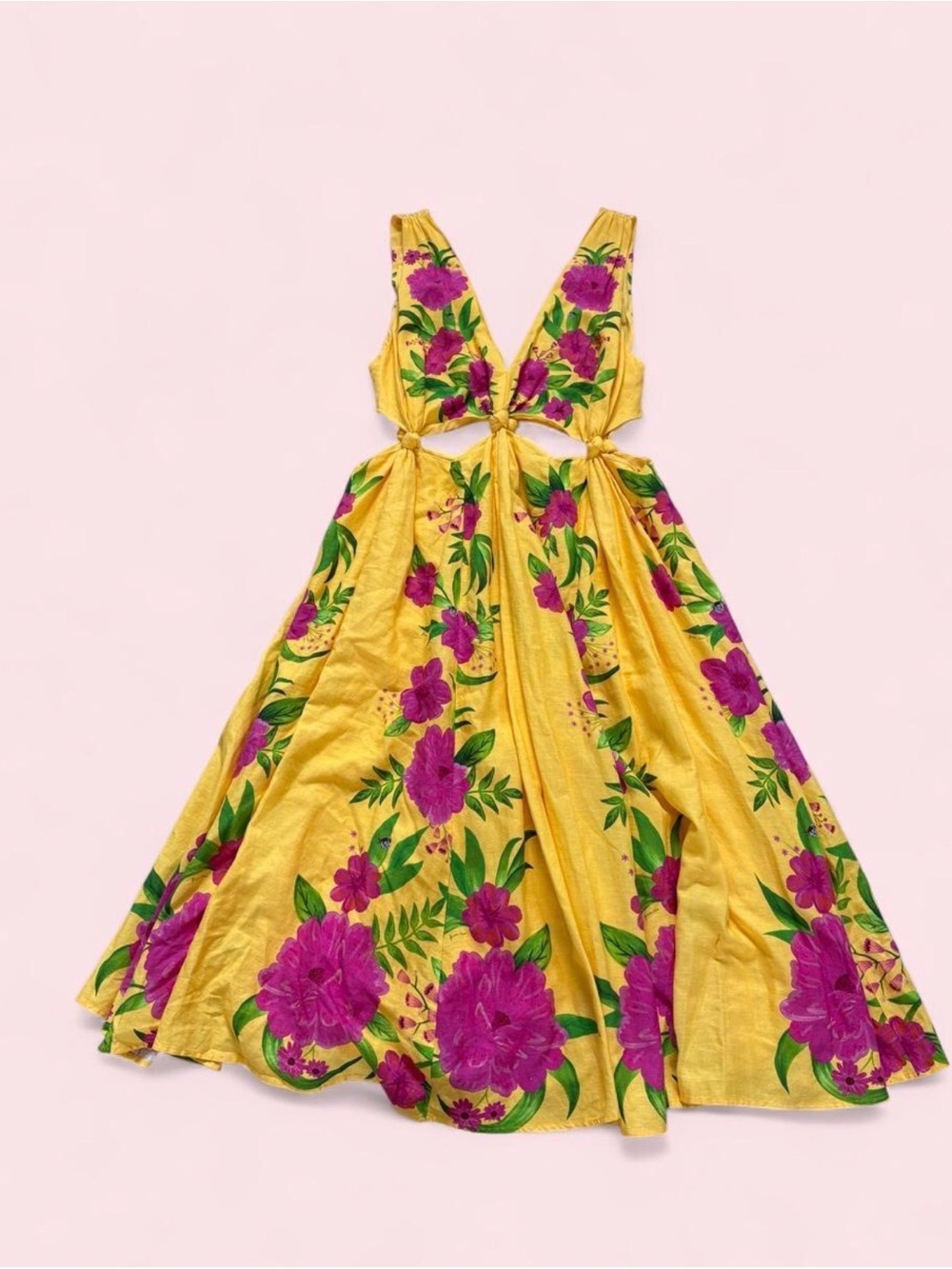 Farm Rio Womens Knotted Cutout
Waist Linen-Blend Midi Dress, Yellow